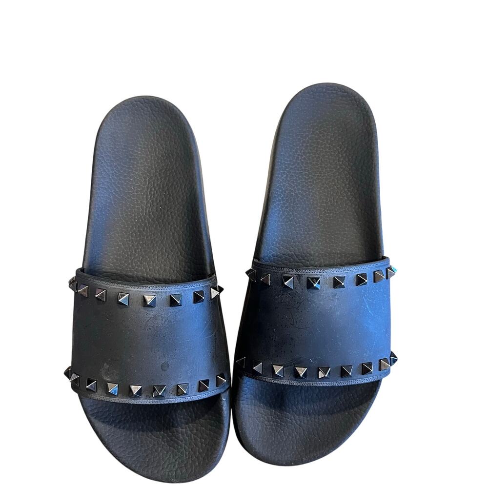 Valentino Black Matte Stud Studded Men Slides Sandals Size 44